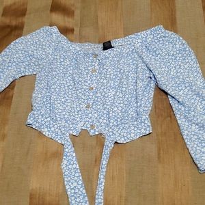 Blue white floral shoulder crop